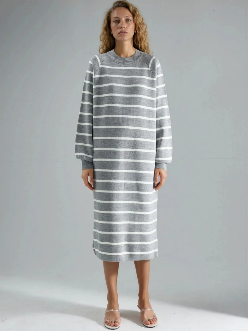 MY FASHION Grey MY FASHION Long Sleeve Striped Ribbed Knit Dress for Women | Best Price UAE